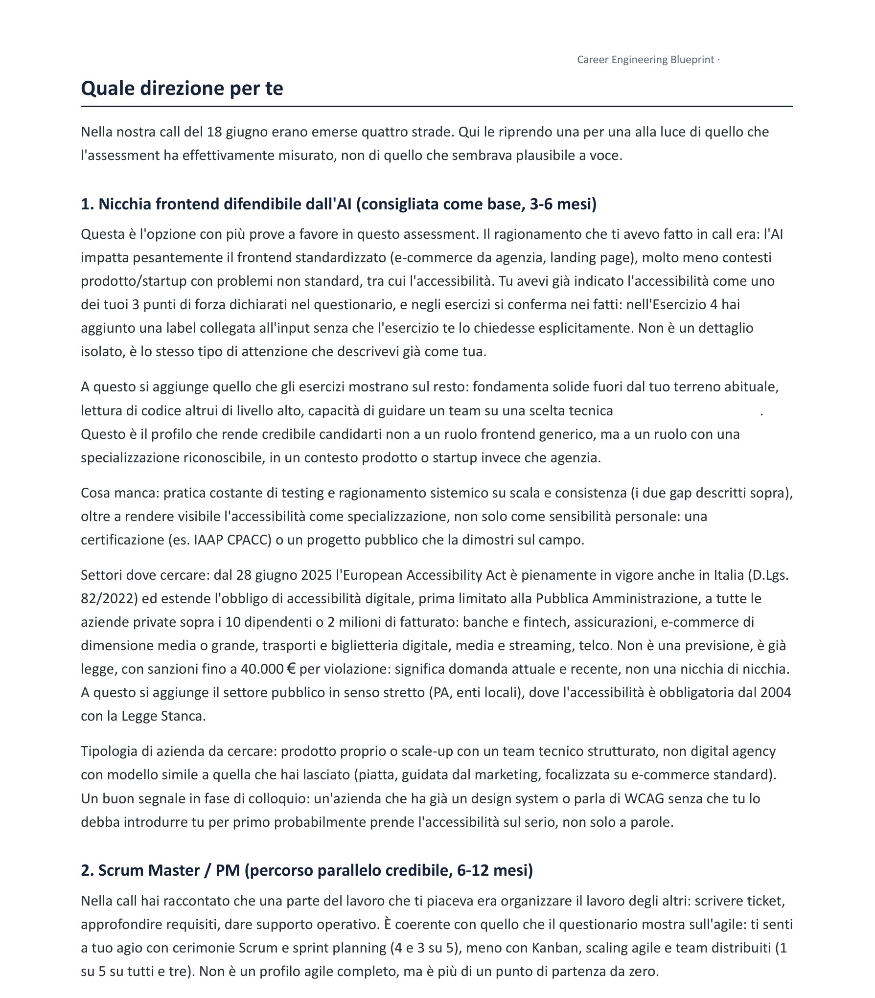 Estratto reale di un Career Blueprint: direzioni di carriera consigliate con settori e tipo di aziende da cercare