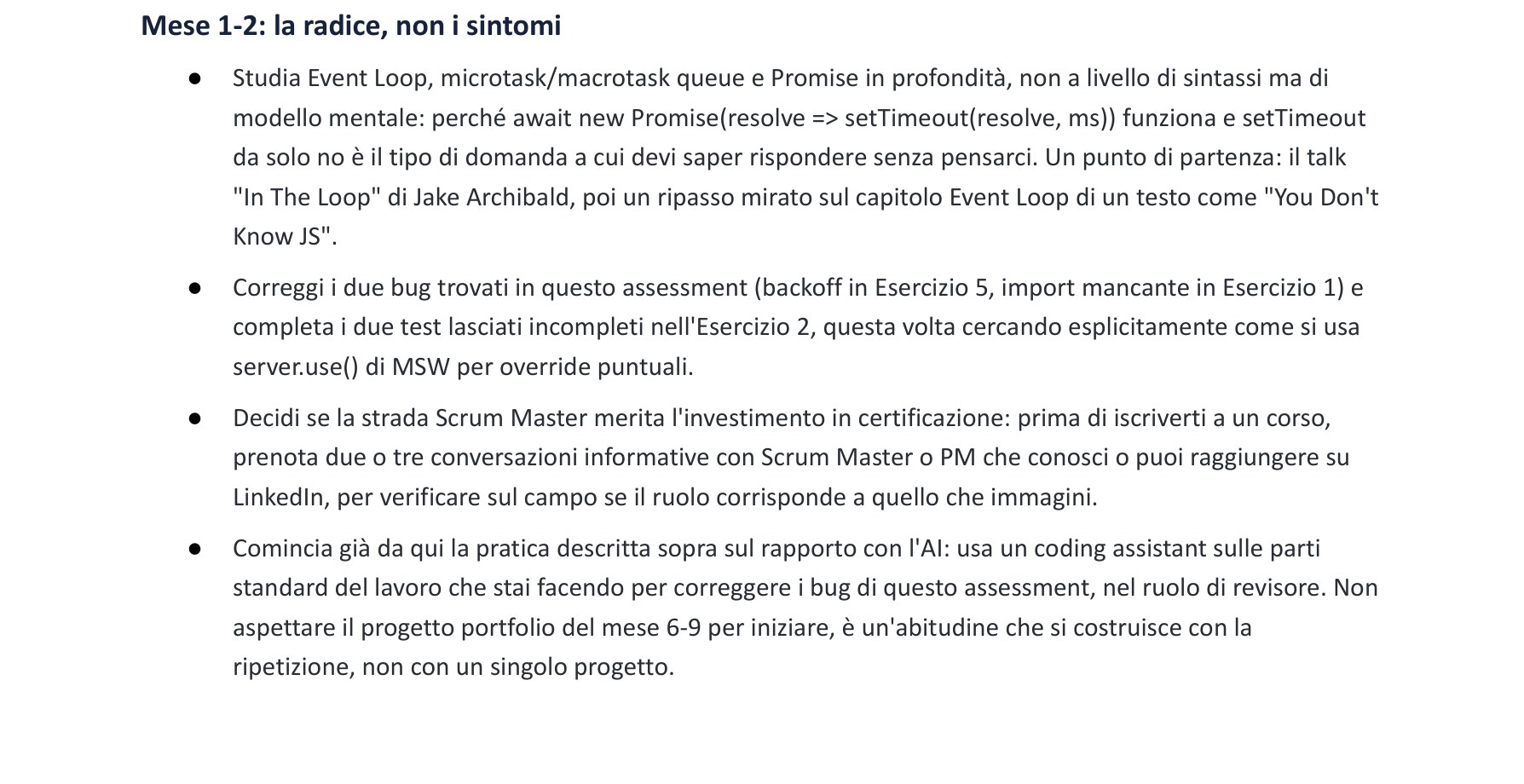 Estratto reale di un Career Blueprint: piano di studio mese per mese